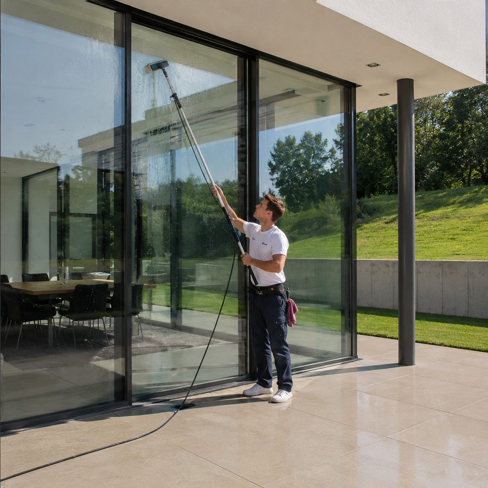 Algarve Cleaning Crew cleaning villa windows with a water-fed pole